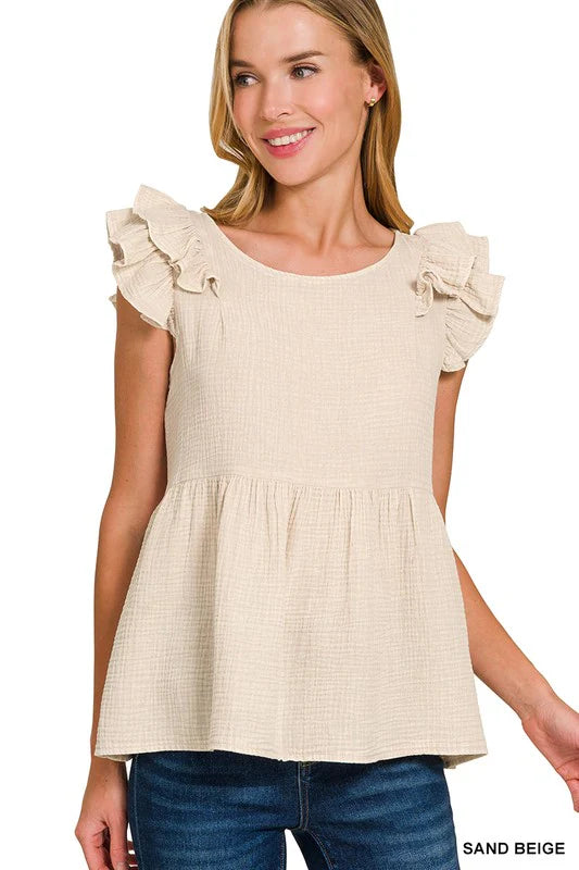Double Gauze Acid Washed Tiered Ruffle Peplum