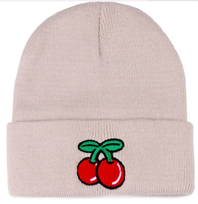 Cherry Embroidered Cuff Beanie