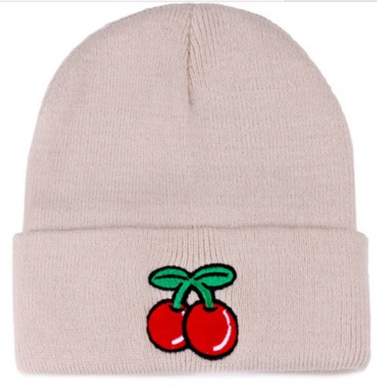 Cherry Embroidered Cuff Beanie